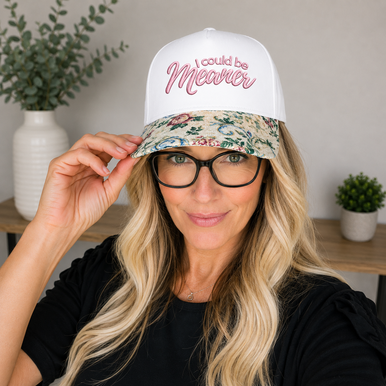 I COULD BE MEANER FLORAL BRIM TRUCKER HAT